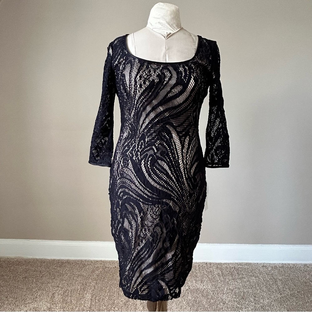 Maggy London Black and nude Sheath Dress with 3/4 Sleeves
